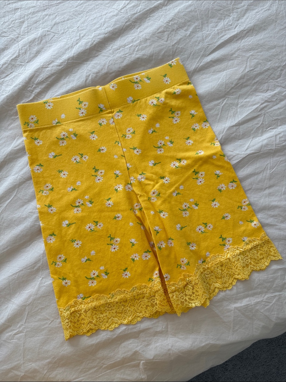 Forever 21 Yellow Floral Lace-Trim Bike Shorts